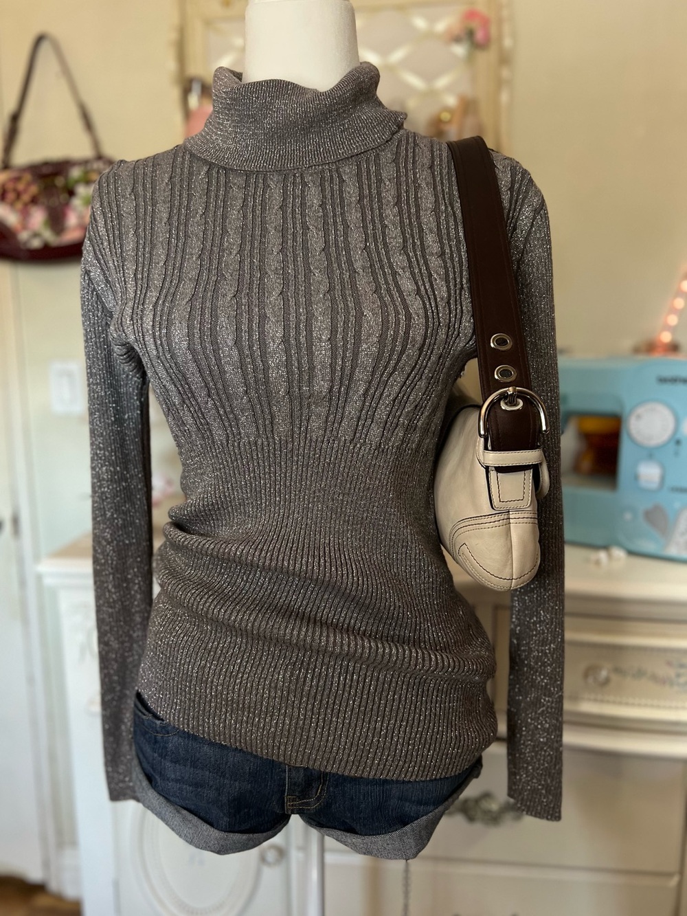New York & Company Metallic Ribbed Turtleneck Sweater - Gray